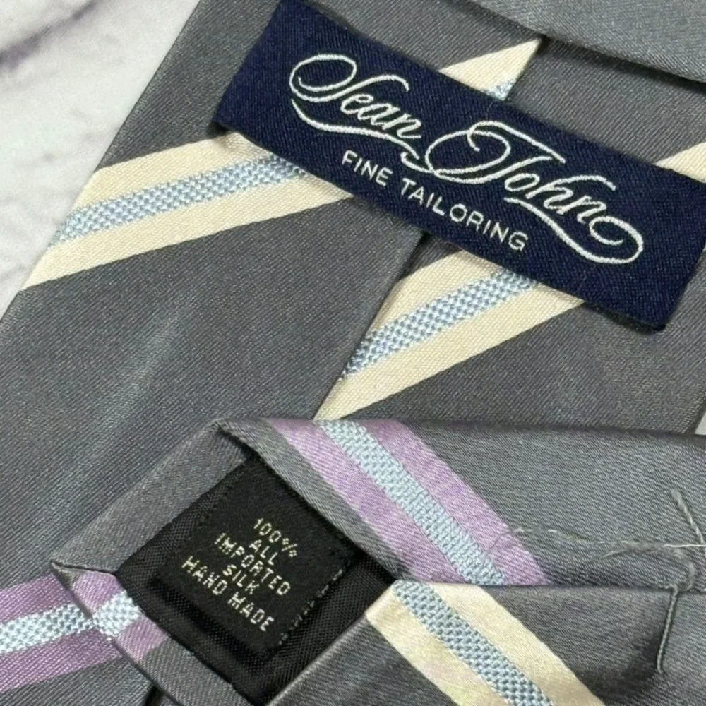 Vintage Sean Jean Mens Necktie Handmade 100% Silk Tie Grey Yellow Purple Striped